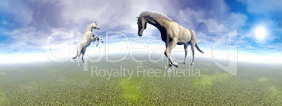 Horses in green landscape - 3D render