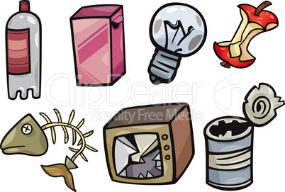 garbage objects cartoon illustration set