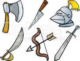 old weapons objects cartoon illustration set