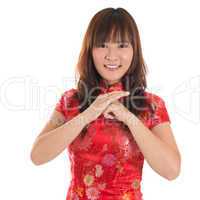 Chinese cheongsam girl greeting
