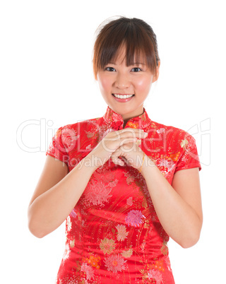 Chinese cheongsam woman greeting