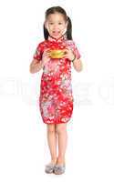 Chinese girl holding a gold ingot