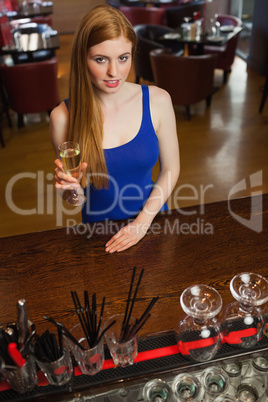 Mysterious attractive woman having a flute of champagne