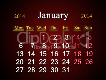 calendar for the january of 2014