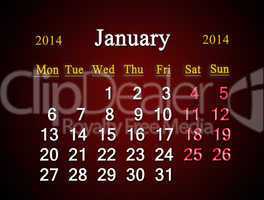 calendar for the january of 2014