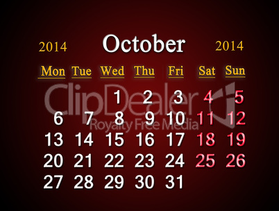 calendar for the october of 2014