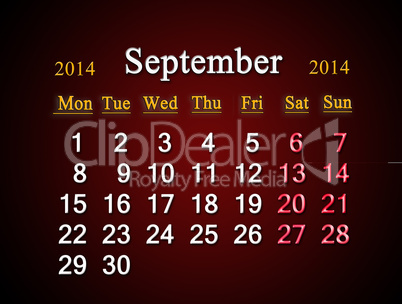 calendar for the september of 2014