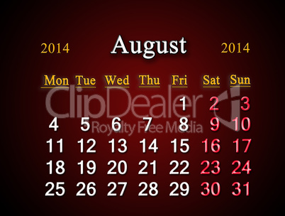 calendar for the august of 2014