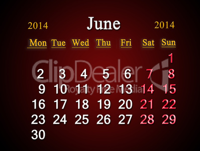 calendar for the june of 2014