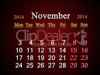 calendar for the november of 2014