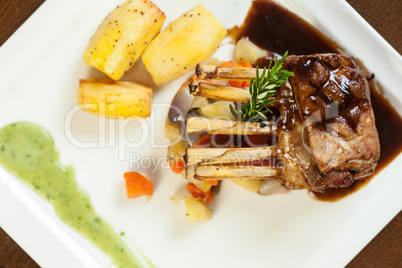 Delicious rack of lamb dish with roast vegetable and potatoes