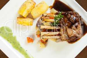 Delicious rack of lamb dish with roast vegetable and potatoes