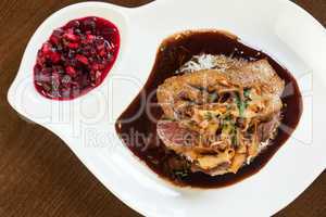 Delicious duck breast dish with gravy and rice