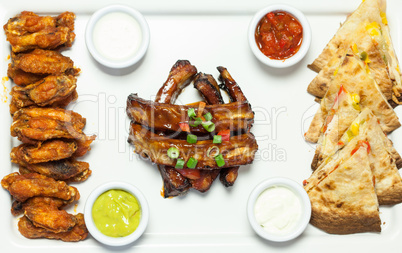 Overhead of an appetizing platter of finger food