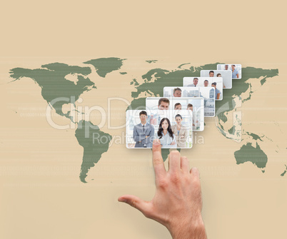 Hand selecting interface showing business people