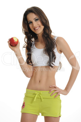 brunette sport girl wiht apple