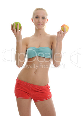 woman in orange and blue sport dress with apple