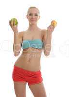 woman in orange and blue sport dress with apple