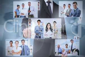 Businessman presenting pictures of coworkers
