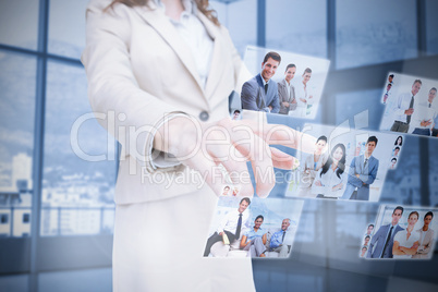 Businesswoman presenting partners pictures