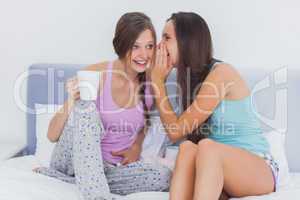 Friends sitting in bed gossiping