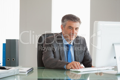 Smiling businessman using computer at office