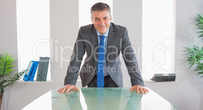 Happy businessman standing in front of a desk