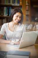 Smiling student analysing graphs on her digital laptop
