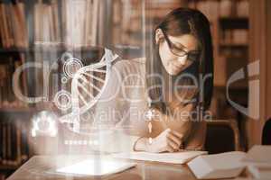 Serious mature student studying medicine on digital interface
