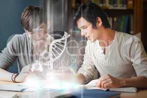 Smiling college students analysing dna on digital interface