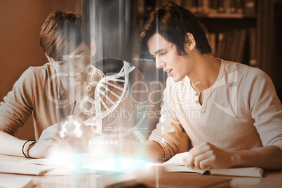 Happy college students analysing dna on digital interface