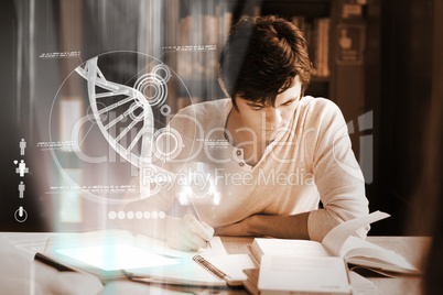 Concentrated college student analysing dna on digital interface