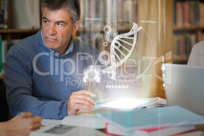 Mature student using futuristic hologram to learn biology from t