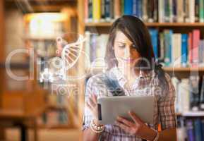 Pretty student using futuristic interface to learn about science