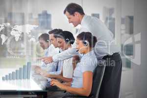 Call center employees at work on futuristic interfaces showing m