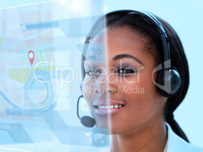 Beautiful call center worker using futuristic holographic interf