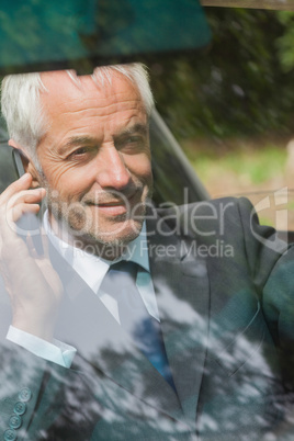 Cheerful businessman on the phone driving