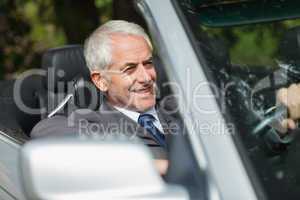 Smiling businessman driving expensive cabriolet