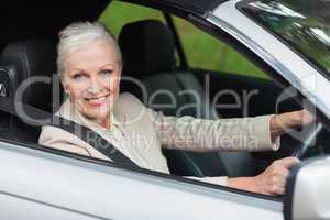 Cheerful businesswoman driving classy car