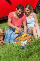 Happy couple sitting on the grass having picnic together