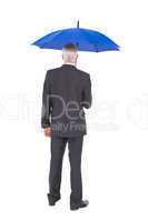 Rear view of mature businessman holding blue umbrella