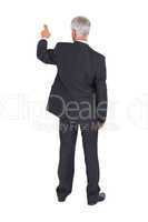 Rear view of classy mature businessman pointing finger