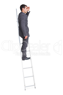 Young businessman standing on ladder looking away