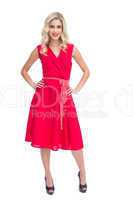 Blonde woman wearing red dress