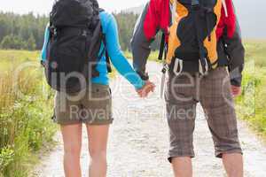 Hikers with backpacks holding hands