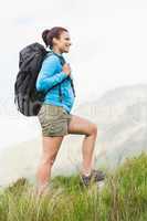 Attractive hiker with backpack walking uphill