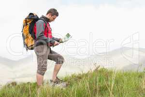 Handsome hiker with backpack hiking uphill reading a map