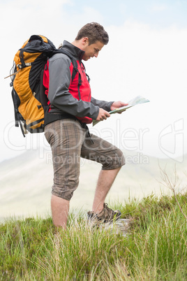 Handsome hiker with backpack walking uphill reading a map