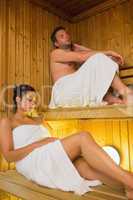 Content couple relaxing in a sauna