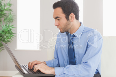 Concentrated businessman using his laptop while sitting on cosy